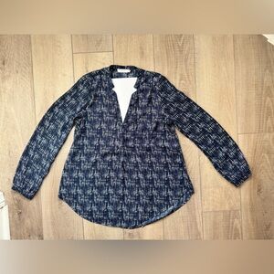 Lush Blue Patterned Long Sleeve V-Neck Blouse Size Medium Classic Office Casual